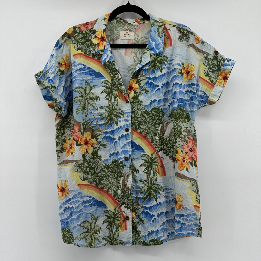 Marine Layer Mens Tropical Rainbow Palm Tencel Button Down Shirt Large 13487